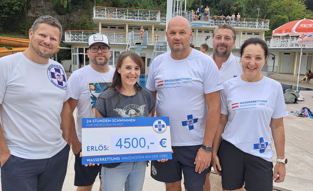 Personen mit weißem Tshirt halten großes Schild mit Spendenbetrag oben